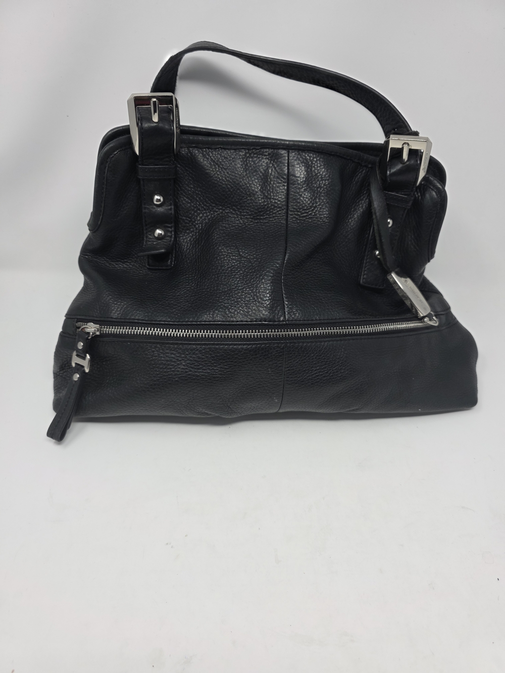 B. Makowsky Black Pebbled Leather Shoulder Bag Satchel Silver Hardware